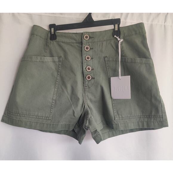 Pistola Tammy High Rise Olive Green Button Front Shorts Size 30 - Picture 7 of 7